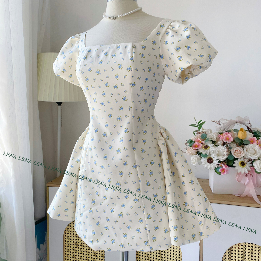 (Có Bigsize) LENA 3150 Đầm chấm bi tay phồng cổ vuông dáng xòe cột nơ lưng | BigBuy360 - bigbuy360.vn