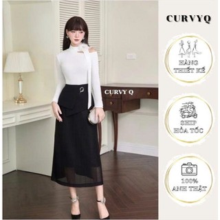  Chân Váy Đen Phối Ren Cài Khoen Bạc Dáng A Dài Midi Thời Trang Thiết Kế Nữ CurvyQ 