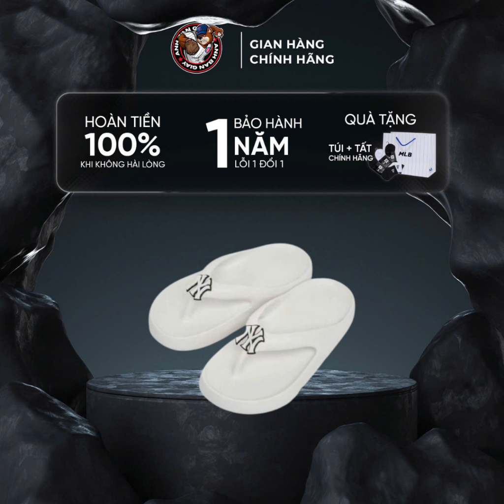 [ Chính Hãng Full Hidentag ] Dép MLB Chính Hãng Base New York Yankees . Dép MLB Dáng Tông Logo NY Đế