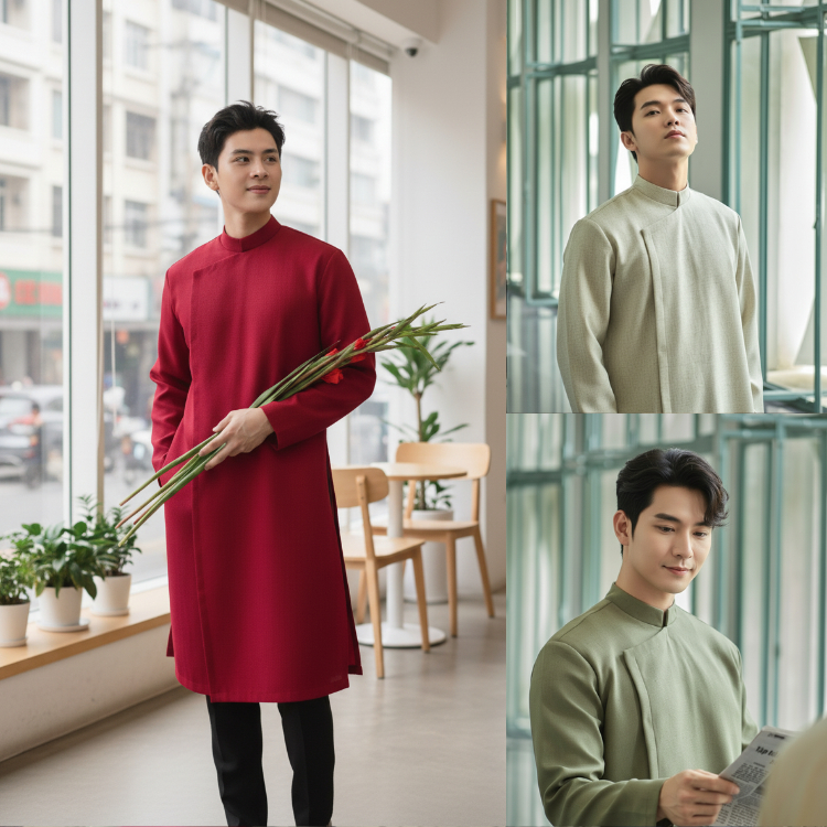 Áo Dài Cách Tân Nam Cúc Cài Chéo Phom Vai Vuông có Đệm Cầu Vai Dễ Mặc - Áo Dài Việt