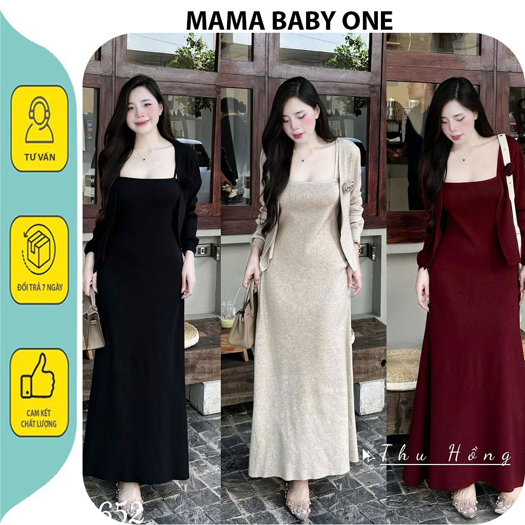 Set đầm váy bầu len cardigan thiết kế váy 2 dây dáng dài kem tag hoa rời X571 len Quảng Châu đẹp Fre