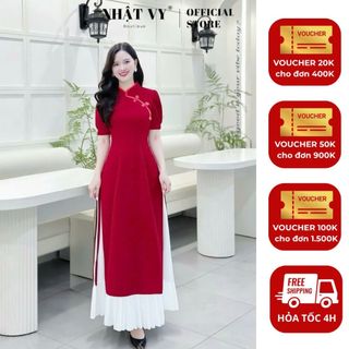  Áo dài nhung chúc tết Nhật Vy cổ tàu phối chân váy dập ly chất lụa phù hợp đi chơi - D3218 
