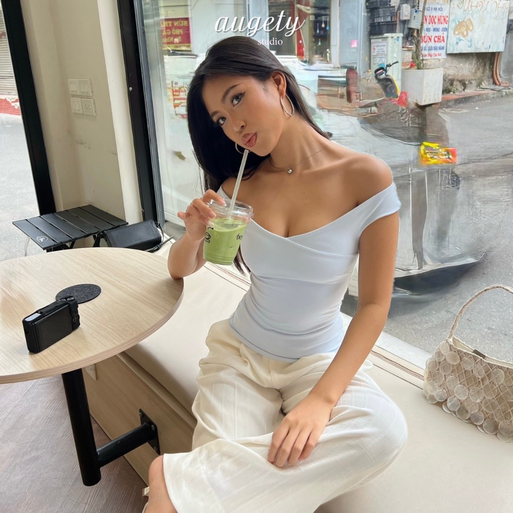 Áo Thun Ôm Chiết Eo Trễ Ngang Vai Augety Studio RACHEL TOP | BigBuy360 - bigbuy360.vn