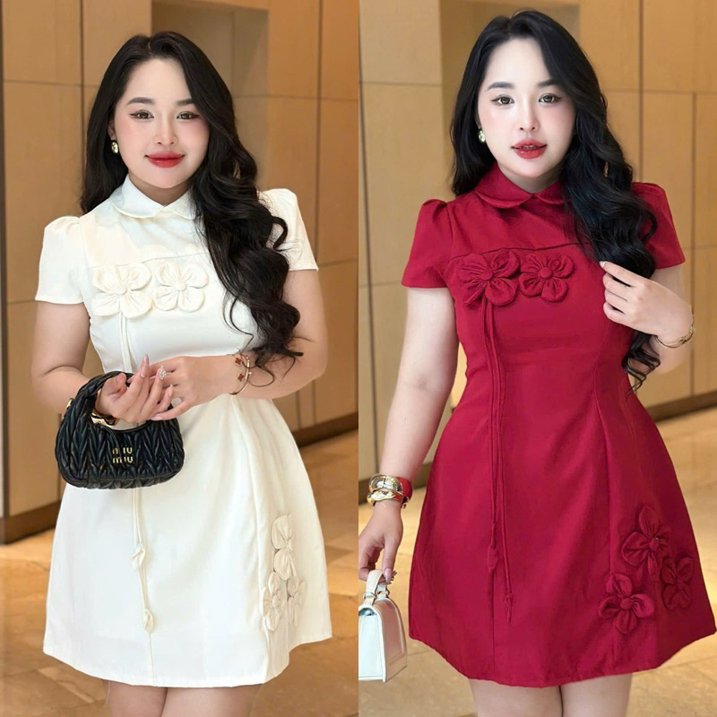 BIGSIZETIX D69 Đầm dự tiệc tiểu thư dáng xoè thiết kế cổ sen đính hoa 3D xinh xắn 50-90kg