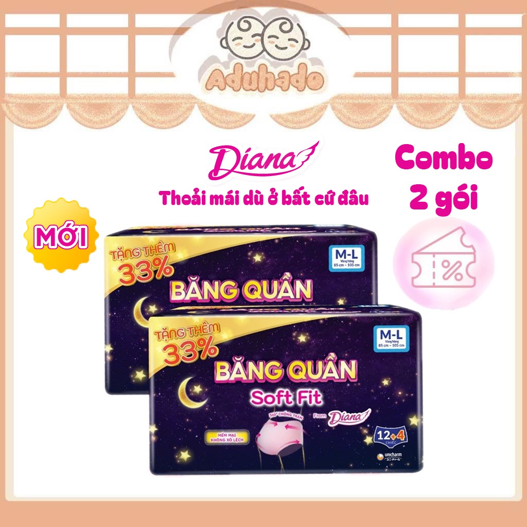 COMBO 2 gói Băng vệ sinh Diana Băng Quần đêm BVS DIANA Soft Fit 12+4 miếng/ Gói