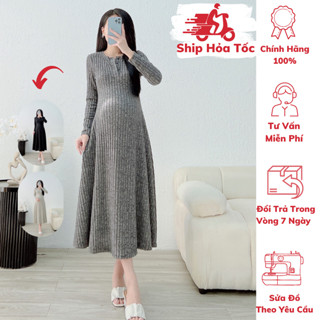   BEST SELLER    40kg - 75kg   Đầm Len Mềm Bầu  Suông  Cổ V 3 Cúc   Len Dày Đẹp  Form Dễ Mặc ,MCN 