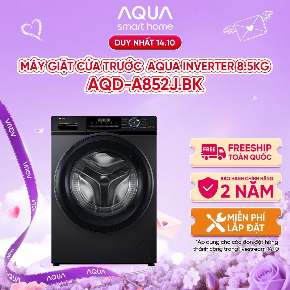 Máy giặt cửa trước Aqua Inverter 8.5KG AQD-A852J.BK - Miễn phí giao hàng toàn quốc - Hỗ trợ lắp đặt