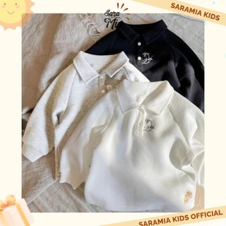AT19 Áo polo nỉ thêu dài tay cho bé SARAMIA KIDS, áo thu đông unisex vải mềm mịn, cao cấp bé mặc đi học, đi chơi