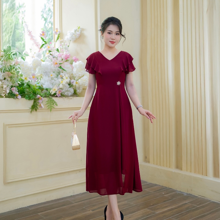 Đầm Trung Niên Dáng Dài [ Linh Trà ] (LT 2015) Cao Cấp Vải Voan Tay Lỡ Đi Chơi Đi Tiệc Đa Dụng Cho Các Quý Bà Quý Cô