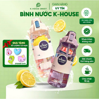  Bình nước 2 lít có chia vạch thể thao cute có ống hút 1500ml 2000ml to trong suốt có tặng sticker 