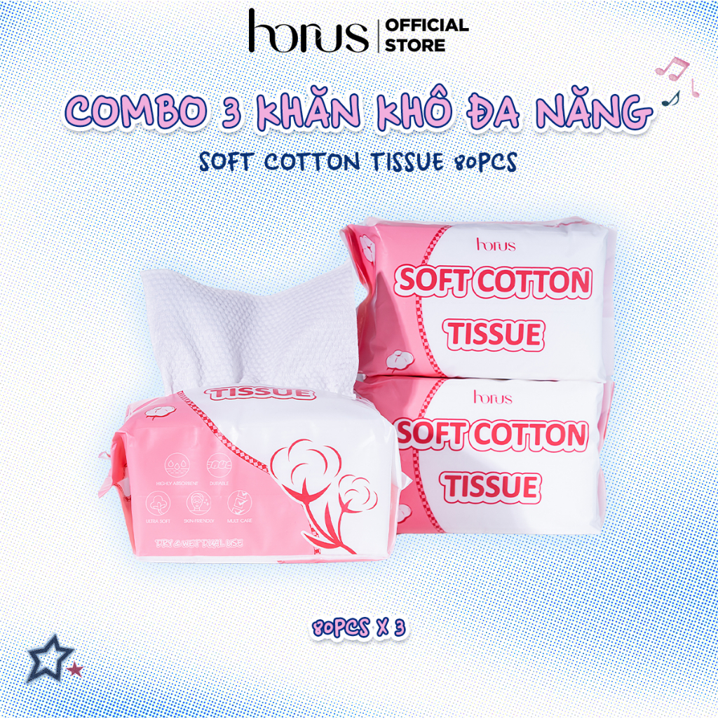 Combo 3 gói Horus Khăn khô đa năng Soft Cotton Tissue 80pcs