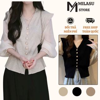  Áo Len Cổ Tim Phối Tay Bèo Đính Cúc Siêu Xinh MILASU Áo Khoác Len Mềm Mịn 481 