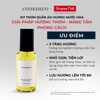 Xịt thơm hương nước hoa CODEDECO In The Night Ver 3 - 100ml Ngọt ngào, Nồng nàn từ Tiêu hồng, Vanilla và Bồ đề