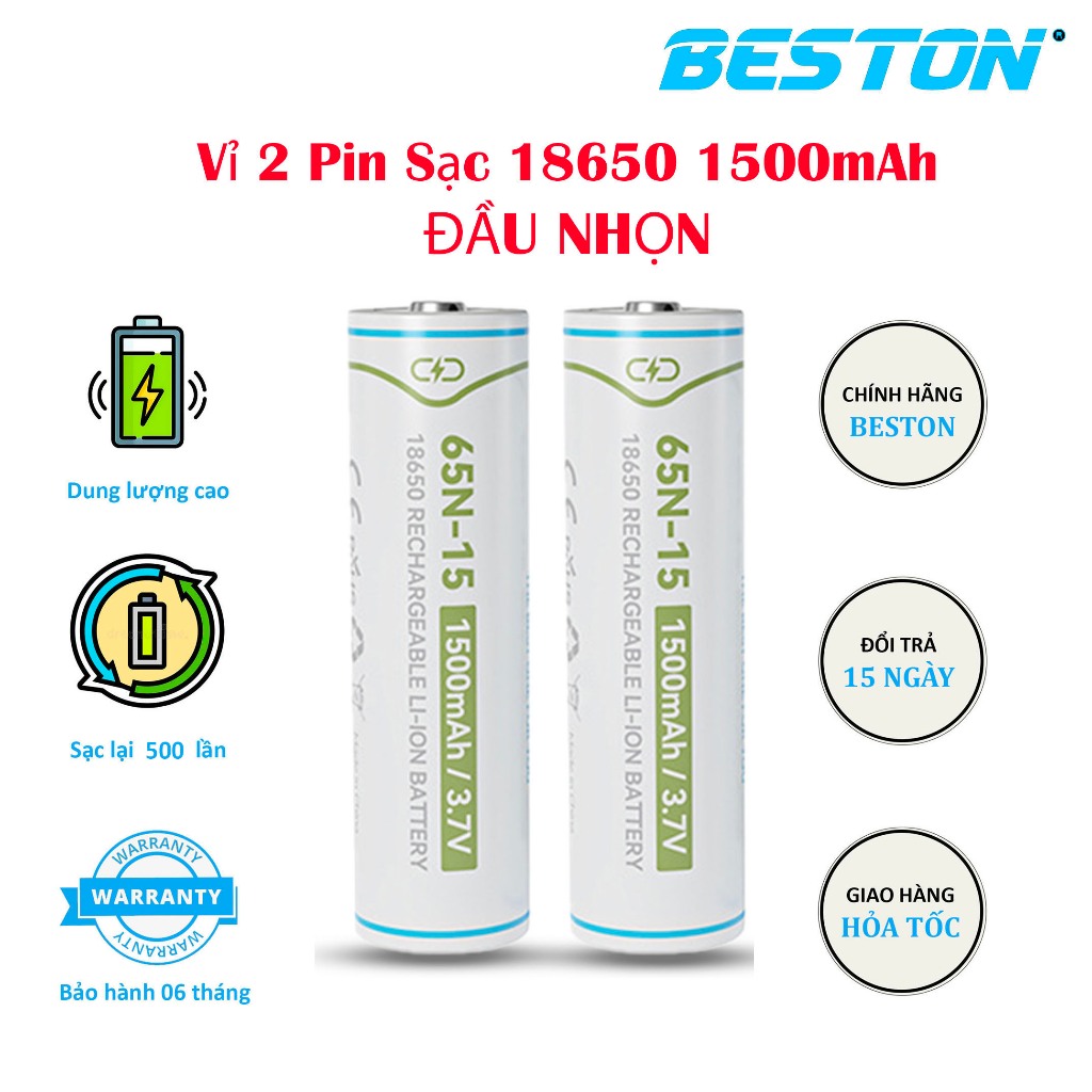 Vỉ 2 Viên Pin Sạc 18650 3.7V BESTON 1500mAh - ĐẦU NHỌN