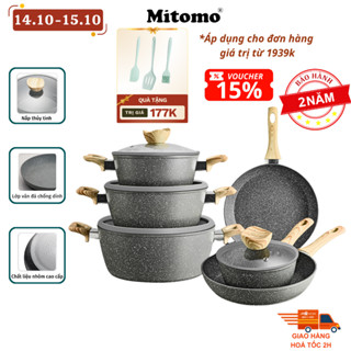 Bộ nồi chảo vân đá 6 món chống dính cao cấp Mitomo Queen Time, dùng cho bếp từ, bếp ga - Hàng chính hãng