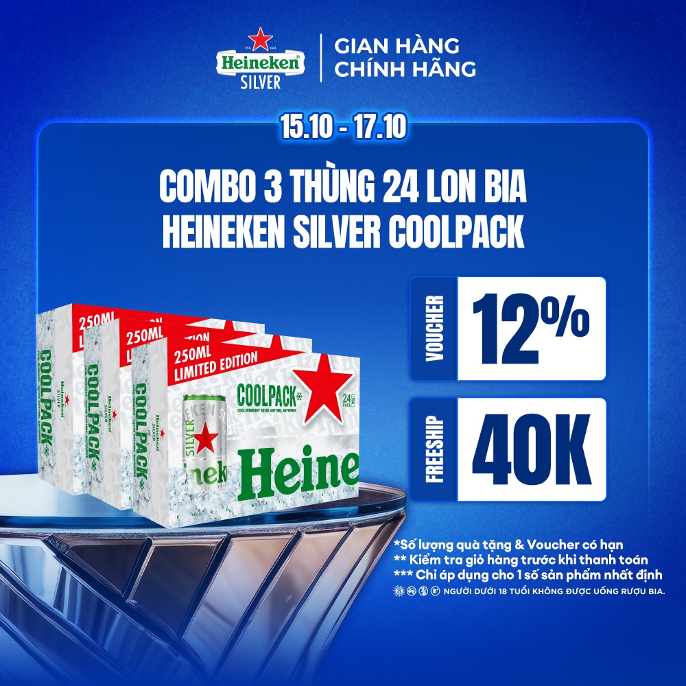 ĐỘ CỒN 4% - HỎA TỐC HCM - Combo 3 Thùng 24 lon bia Heineken Silver Coolpack 250ml/lon