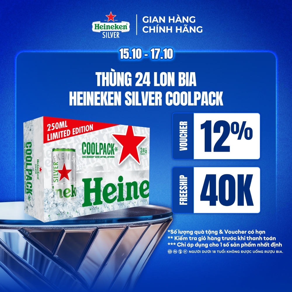 ĐỘ CỒN 4% - HỎA TỐC HCM - Thùng 24 lon bia Heineken Silver Coolpack 250ml/lon