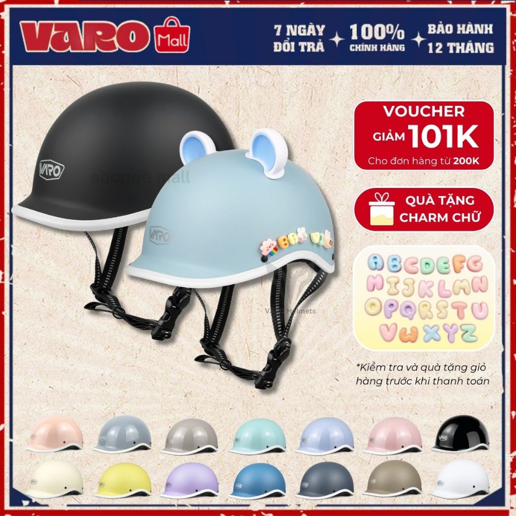 Nón Bảo Hiểm Nửa Đầu VAROHELMET Kiểu Nhật Dáng Cá Heo Freesize Cho Vòng Đầu 54-58cm [TẶNG CHARM CHỮ]