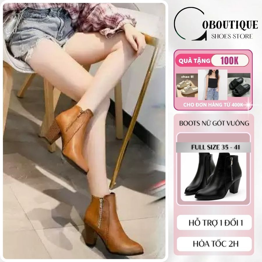 [ CAO CẤP ] Giày bốt nữ boot gót vuông 8 phân da trơn viền lazer 2 dây kéo thon gọn ôm chân S047
