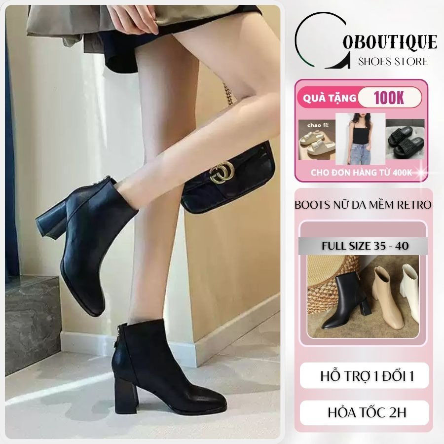 [ DA MỀM ]  Boot nữ cổ thấp gót vuông bốt nữ cao gót da mềm lót lông thời trang Hàn Quốc S088