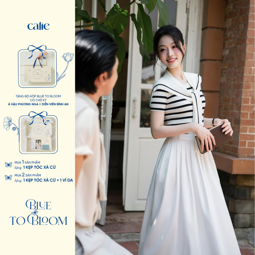 (Blue to Bloom) Áo dệt kim kẻ kèm khăn thêu logo, chất liệu cao cấp, mềm mát thời trang thiết kế Calie AF167 - CX065