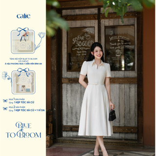 (Blue to Bloom) Váy nữ dáng xòe chất chéo hàn cổ lượn xếp ly chân váy đai eo, kiểu dáng thanh lịch Calie VX268