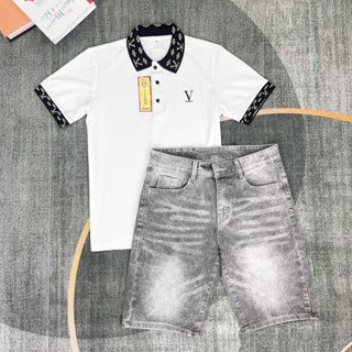  COMBO ÁO TRẮNG CỔ TRỤ NAM TAY NGẮN PHỐI QUẦN SHORT JEAN XÁM CHẤT COTTON CO DÃN ĐẸP 