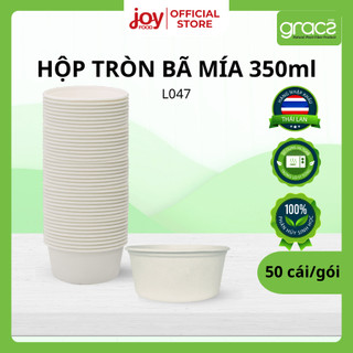  50 hộp bã mía tròn Gracz 350ml dùng 1 lần đựng canh soup thịt kho trứng salad trộn + Nắp L047 