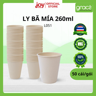 50 ly bã mía Gracz 260ml, ly dùng 1 lần đựng coffee nóng, trà đá, nước suối + Nắp Nhựa L051