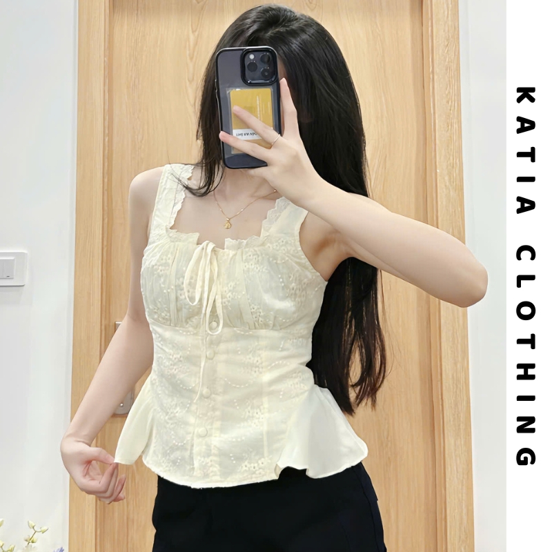Áo hai dây cổ vuông thêu ren hoa dáng peplum phong cách vintage nhẹ nhàng tiểu thư xinh xắn, hợp thời trang hè 2025
