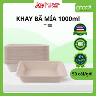  50 khay bã mía Thái Lan 1000ml khay cơm dùng 1 lần phân hủy sinh học  Kèm Nắp Nhựa T100 