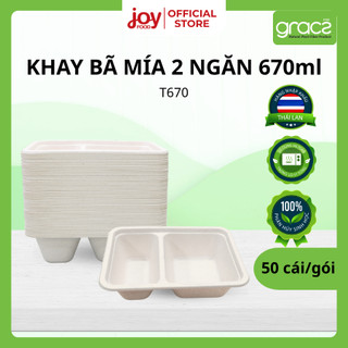  50 hộp bã mía Gracz  Thái Lan  chữ nhật 2 ngăn 670ml hộp dùng 1 lần cao cấp + Nắp Nhựa T670 