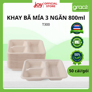  50 khay cơm dùng 1 lần làm từ bã mía 3 ngăn 800ml  Kèm Nắp Nhựa T300 