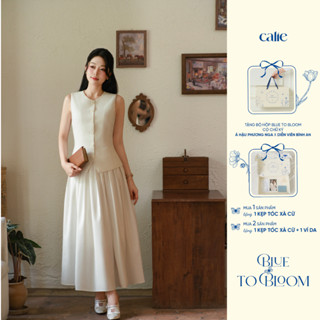 (Blue to Bloom) Áo cách điệu chất thô sát nách xẻ vạt, Chân váy chất kaki dáng xòe kèm belt Calie Ac473 CX065