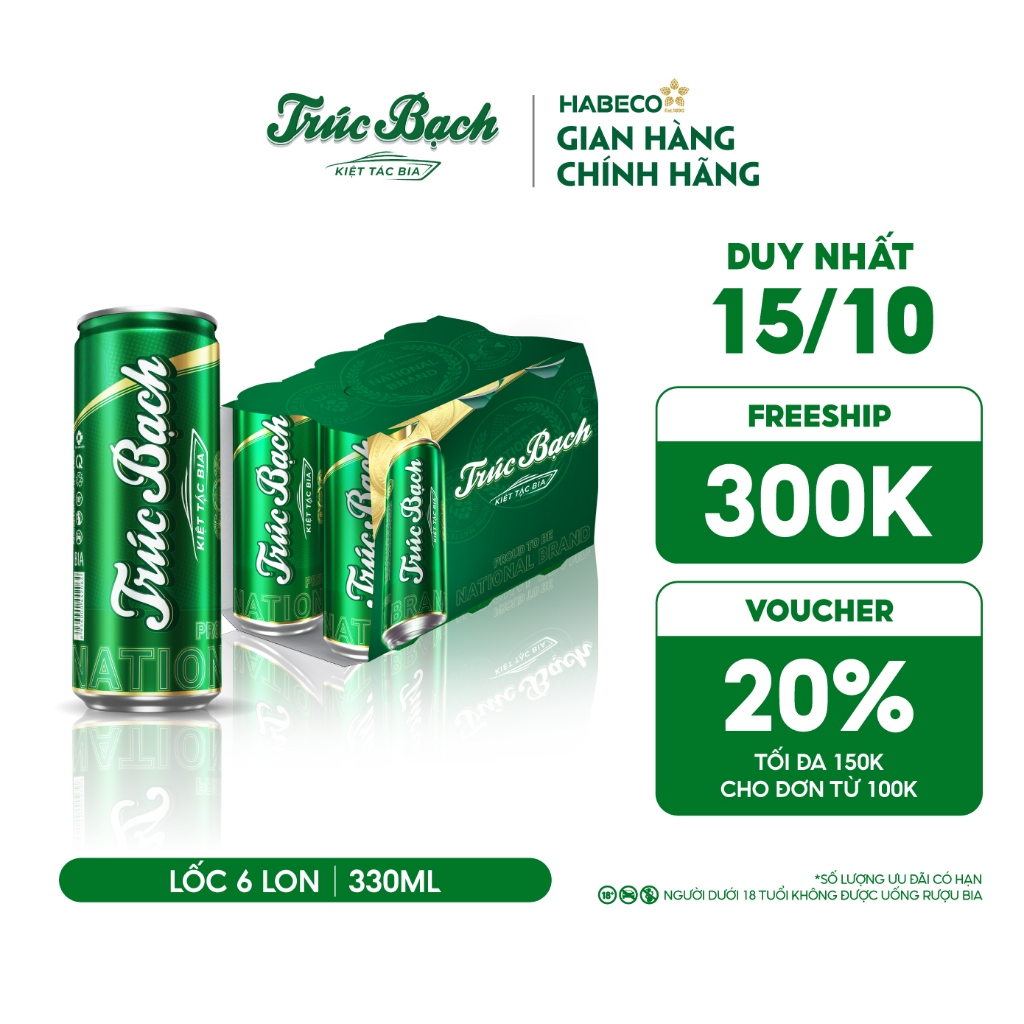 Bia Trúc Bạch - Nồng độ cồn 5,1% - Lốc 6 lon 330ml/lon