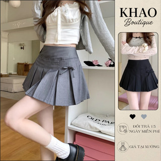 Chân Váy Ngắn Đính Nơ Coquette Đẹp, Chân Váy Xếp Ly Xòe Hàn Quốc Chất Tuysi Cao Cấp Có Quần Trong Màu Xám