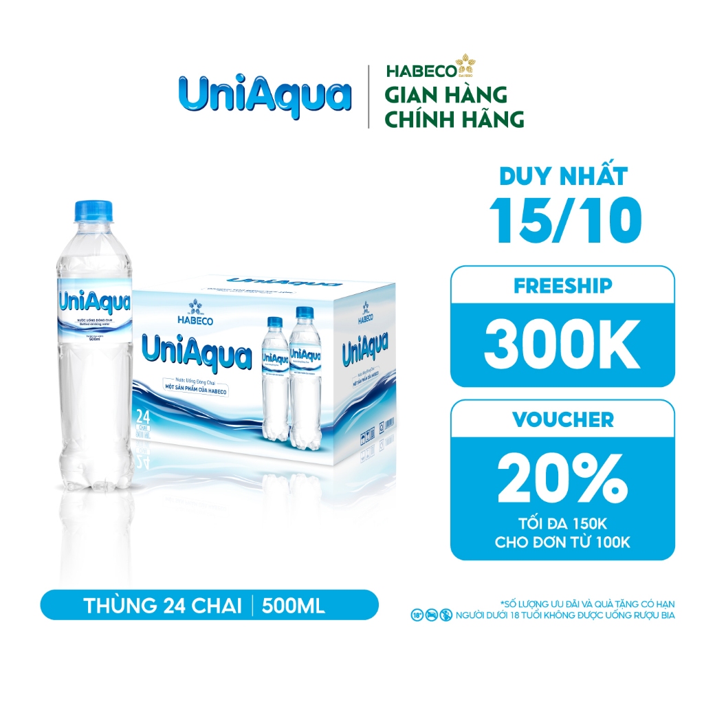 Thùng 24 chai nước uống đóng chai UniAqua - HABECO (500ml/chai)