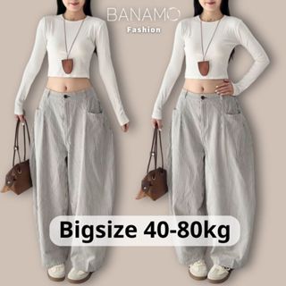  Quần ống rộng nữ BIGSIZE Banamo Fashion quần harem kẻ sọc dáng thụng cạp chun sau phong cách Hàn Quốc 9908 