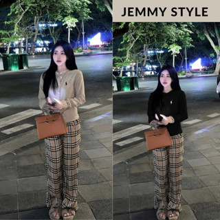  Bộ mặc nhà nữ set thu đông nữ áo cardigan thêu ngựa phối quần suông kẻ nâu bbr Jemmy Style HCOM3588 