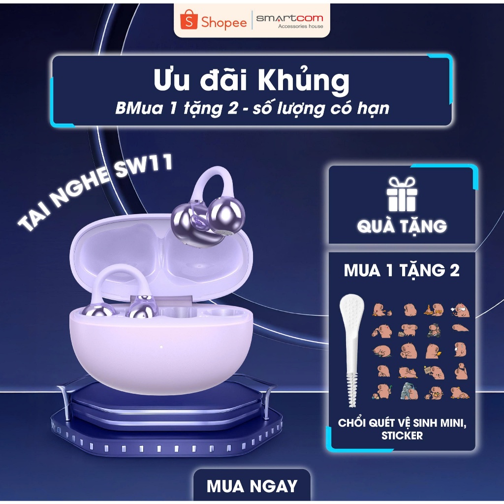Tai nghe kẹp tai cao cấp SMARTCOM SW11 kháng nước IPX4 pin siêu bền - hàng chính hãng bảo hành 12 tháng