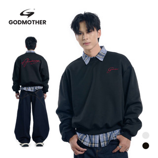  Áo Sweater Boxy Nỉ 2 Da Cổ Tròn Unisex GODMOTHER 2025 