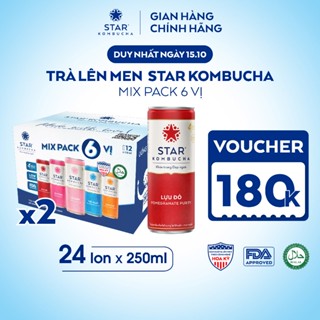 Combo 2 thùng 12 lon trà lên men STAR KOMBUCHA hữu cơ mix vị (250ml/lon) - Trà kombucha hữu cơ, hỗ trợ tiêu hóa