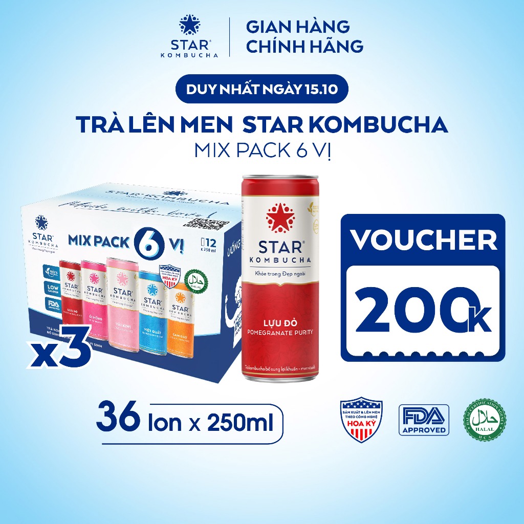 Combo 3 thùng 12 lon trà lên men STAR KOMBUCHA mix vị (250ml/lon) -Trà lên men vi sinh hỗ trợ tiêu hóa, bảo vệ sức khỏe