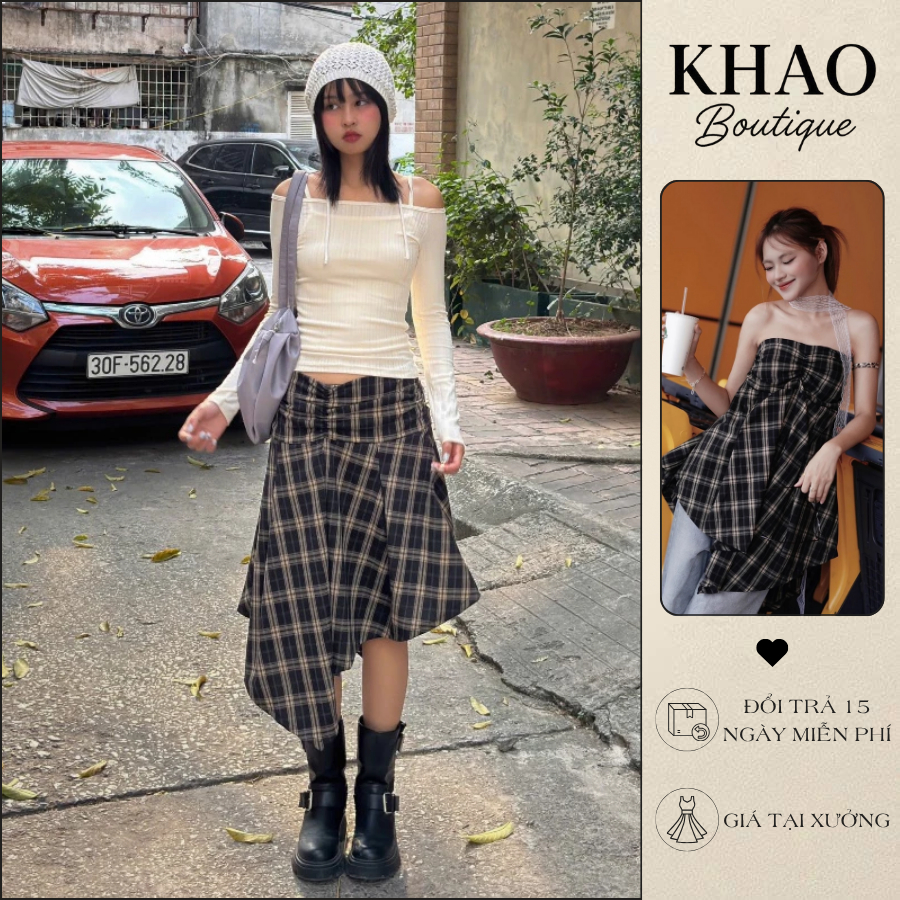 [MẶC 2 KIỂU] Chân Váy/ Áo CARO Dáng Dài Vạt Chéo, chân váy dài họa tiết caro kẻ sọc | KHAO Boutique