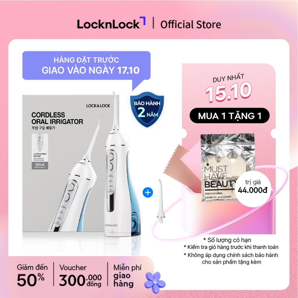 Máy tăm nước không dây 4 chế độ dùng được răng niềng Lock&Lock Cordless Oral Irrigator 200ml - Màu xanh - ENR156BLU