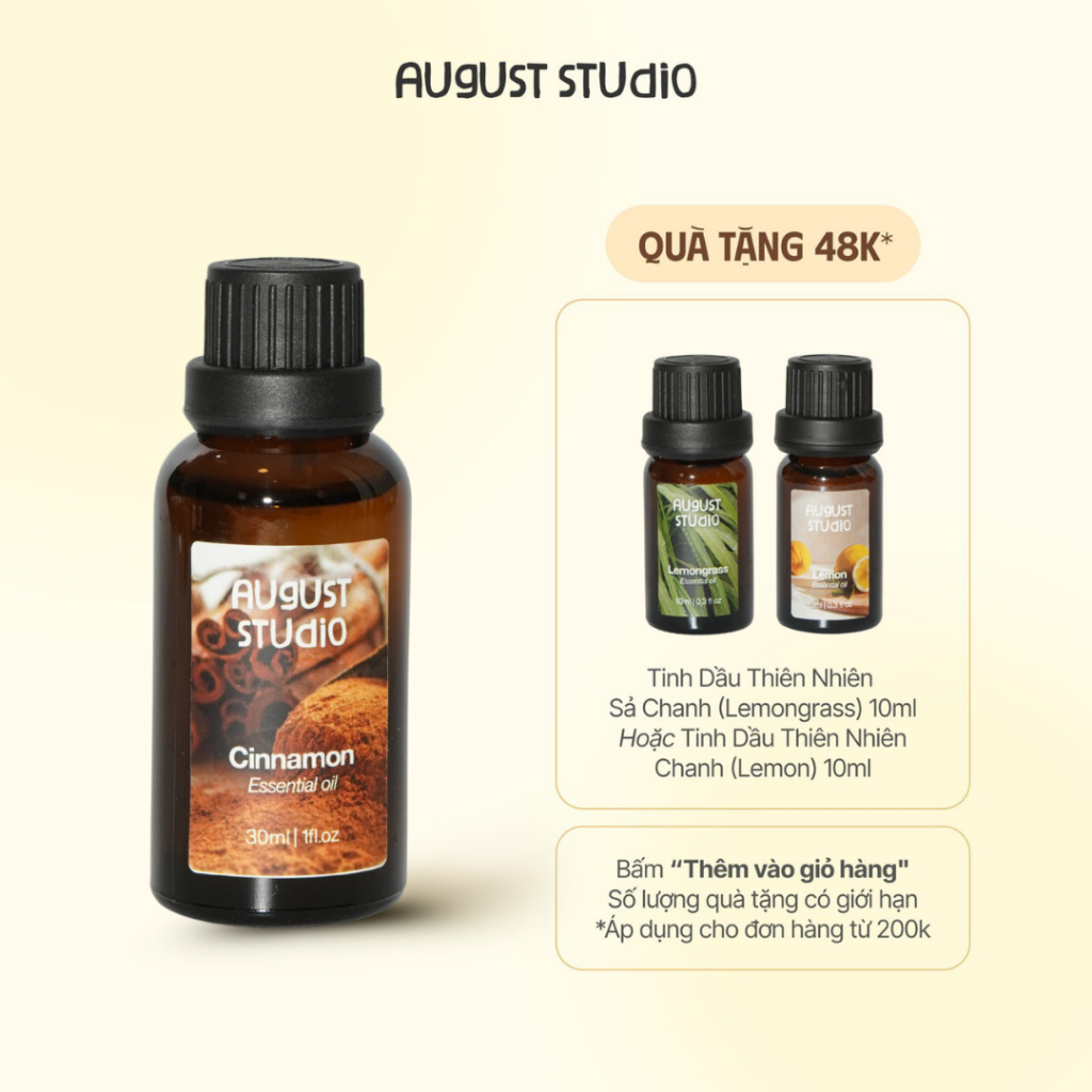 Tinh Dầu Thiên Nhiên Quế (Cinnamon) – August Studio Ấm Nồng, Kháng Khuẩn, Khử Mùi Chai 10ml/30ml