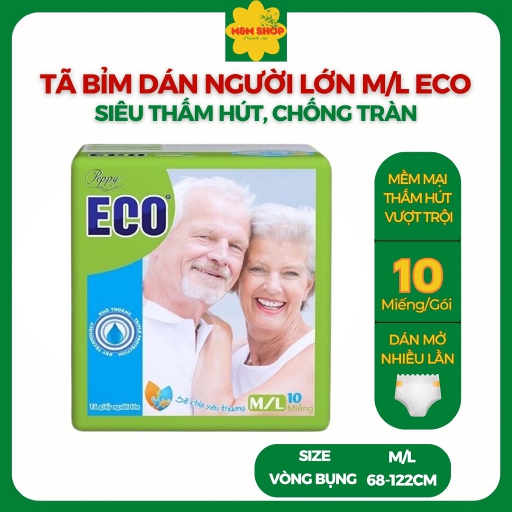 Combo 2 Gói Tã dán người lớn Eco, Bỉm dán người già Eco thấm hút cao, dày dặn, siêu tiết kiệm size M/L 10 miếng 68-122cm