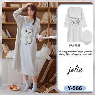  NEW  Váy Ngủ Dài Tay Tích Hợp Đệm Mút Hàng Mới Chất Liệu Cotton Mềm Mại Thoải Mái 
