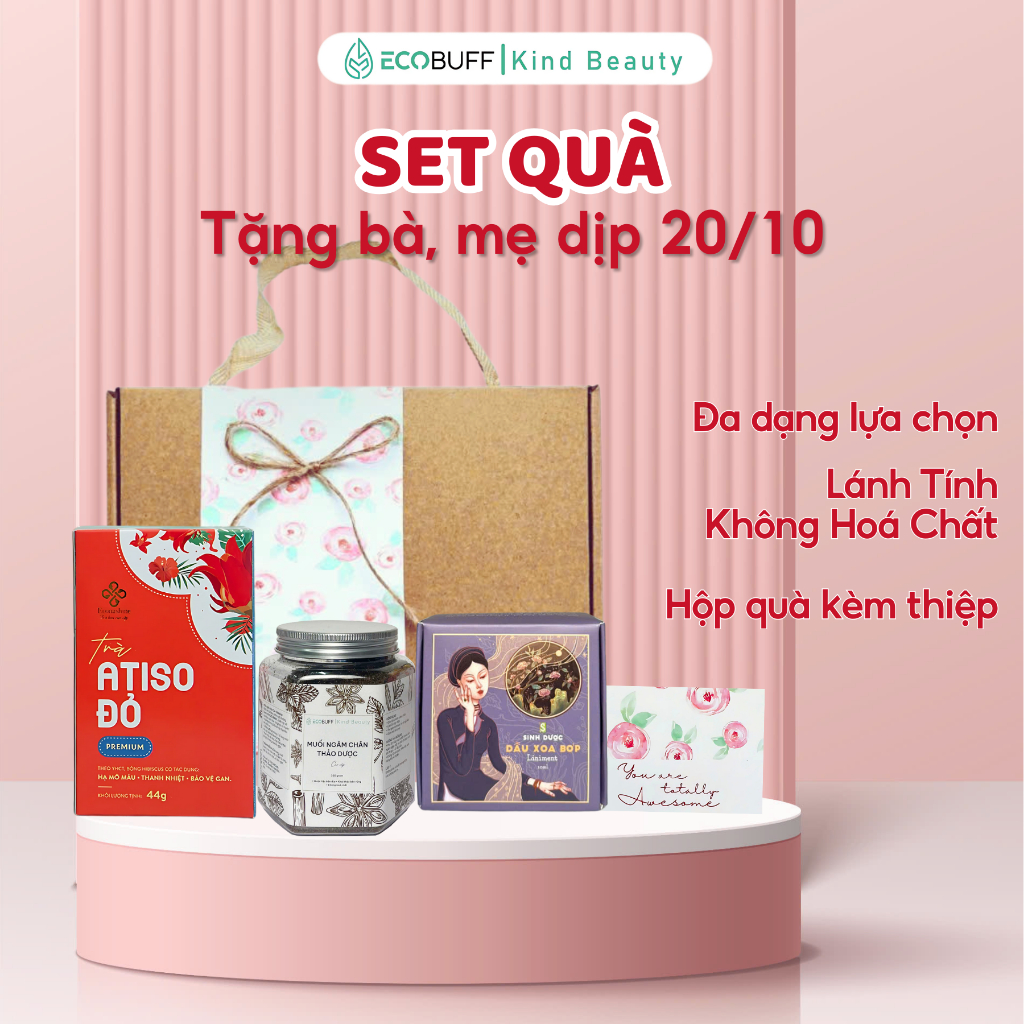  Quà 20 10 8 3 cho bà cho mẹ Ecobuff - Set quà gồm Muối ngâm chân thảo dược Túi chườm Dầu xoa bóp Trà 