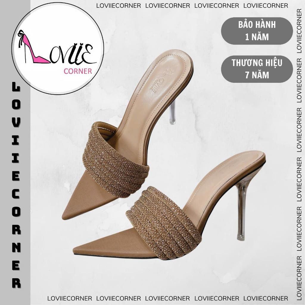 LOVIIECORNER - GUỐC NỮ BỐN QUAI NGANG MẢNH ĐÍNH ĐÁ - GUỐC CAO GÓT XINH MŨI NHỌN GÓT ĐŨA CAO 9CM - D2